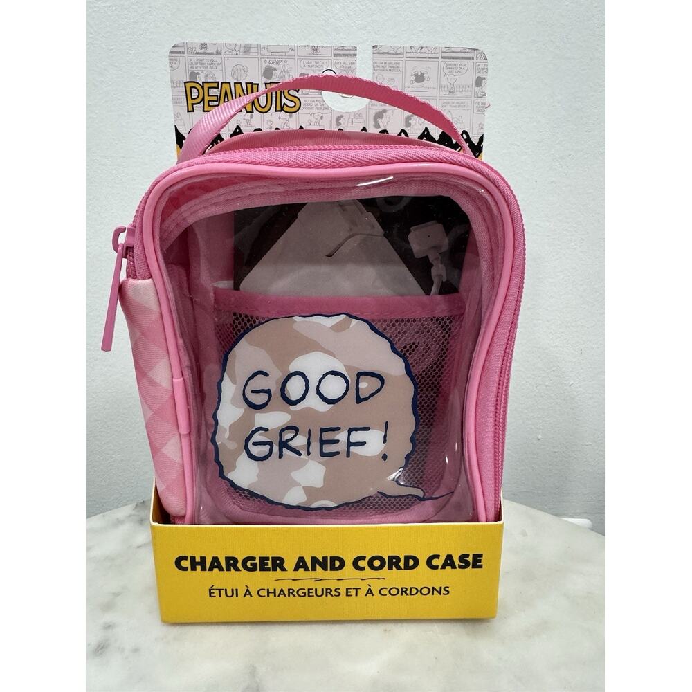 Peanuts New 2024 Charger And Cord Case Pink Checkered